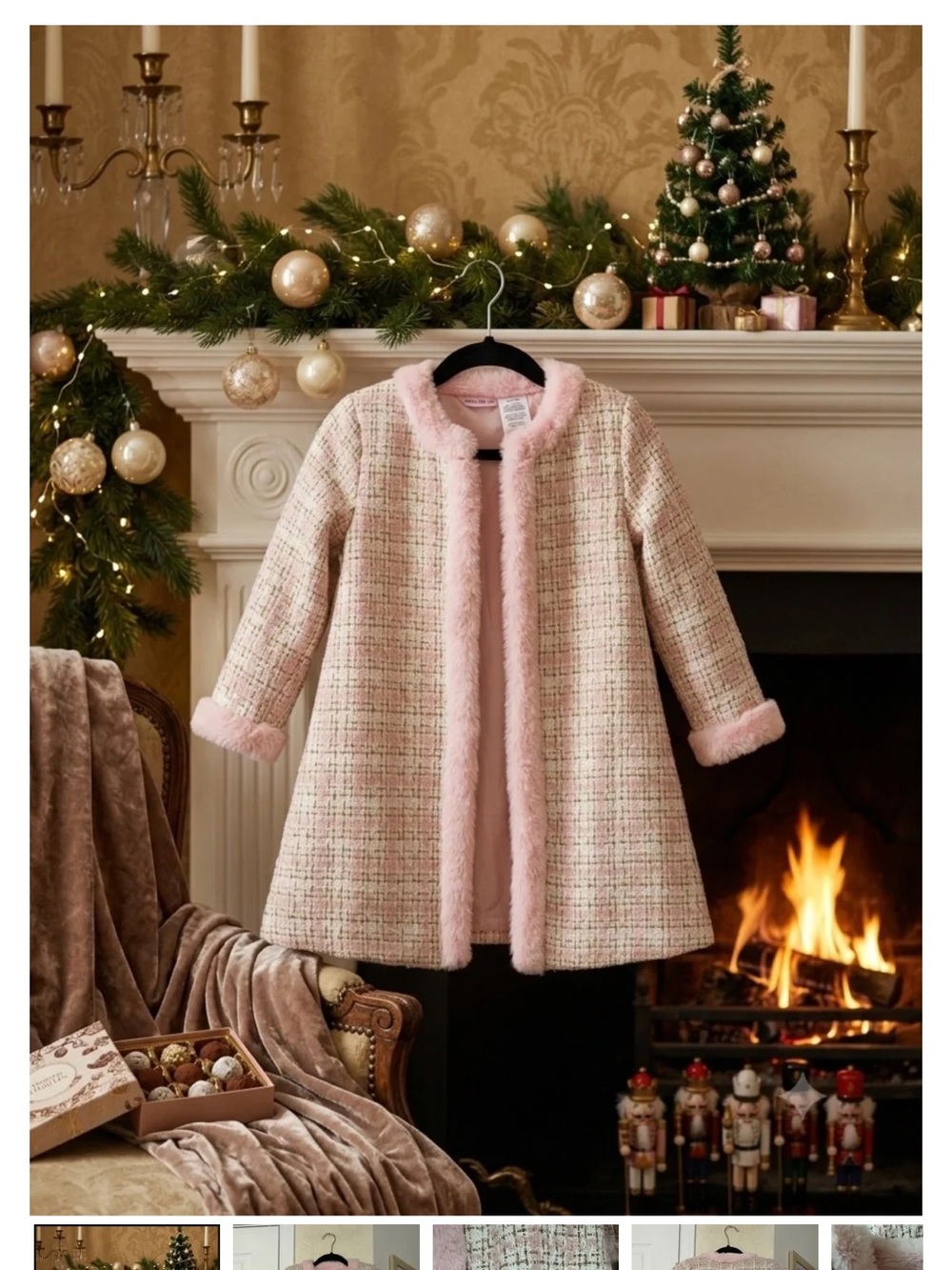 Blueberi Boulevard Girls Size 6X Pink Tweed Faux Fur Trim Dress Coat